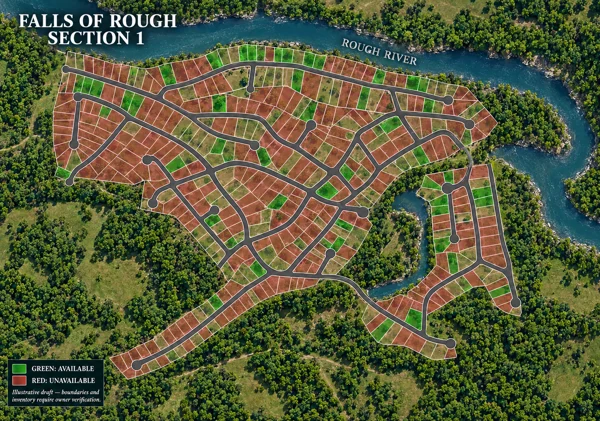 Section 1 aerial illustration showing river landscape, parcel outlines and illustrative status colors