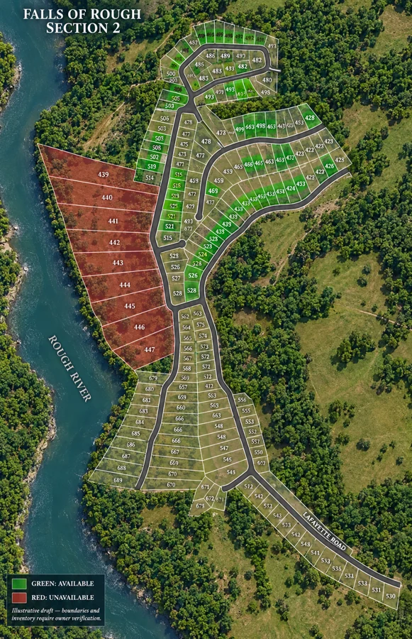 Section 2 aerial illustration showing river landscape, parcel outlines and illustrative status colors