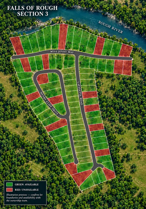 Section 3 aerial illustration showing river landscape, parcel outlines and illustrative status colors