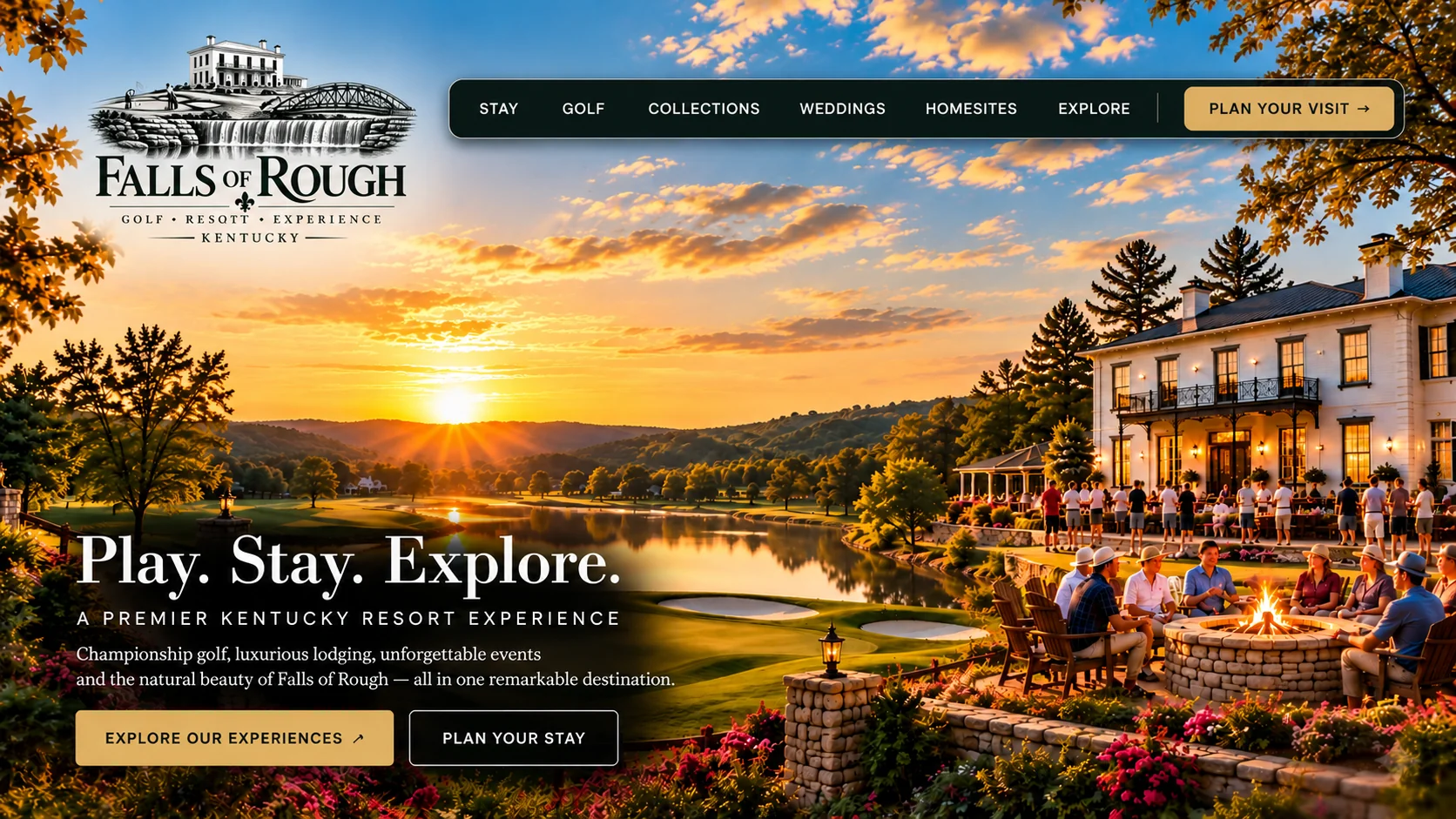 Illustrated Falls of Rough resort at sunset with golf, a reflective lake, mansion, and guests enjoying the outdoors. Falls of Rough Golf Resort Experience Kentucky — Play, Stay, Explore.