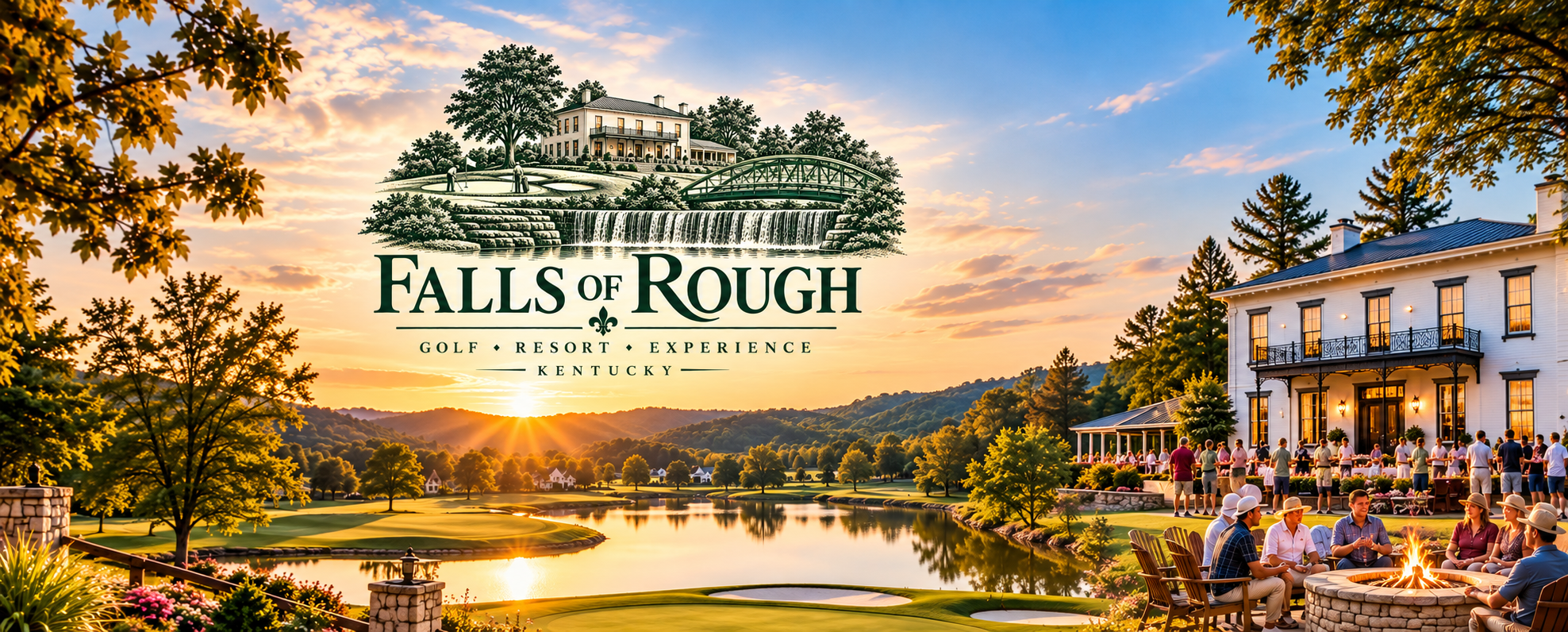 Illustrated overview of The Falls Resort and Golf Club: Kentucky golf, mansion gatherings, fishing, biking and lakeside scenery