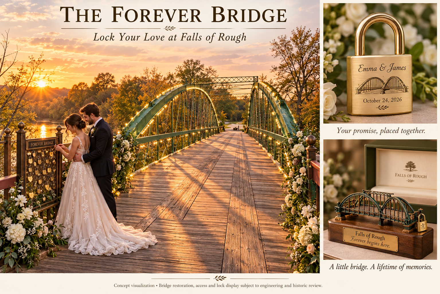 Concept artwork for the Forever Bridge wedding tradition, showing the historic green bridge, an engraved wedding lock and miniature bridge keepsake