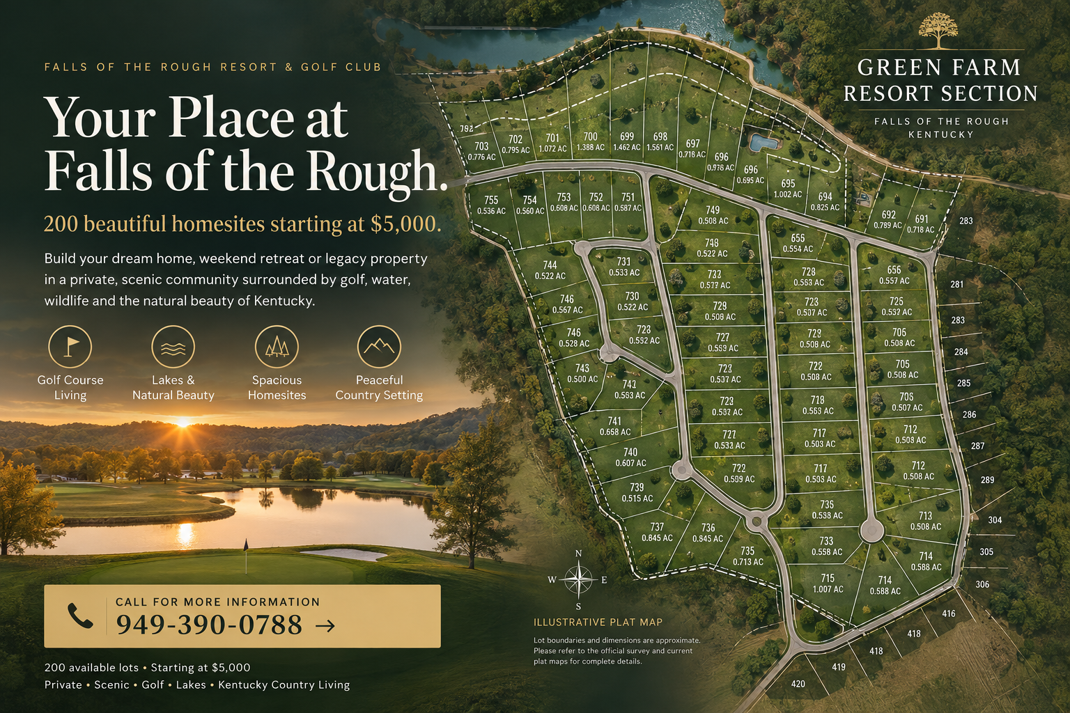 Illustrative Green Farm Resort Section plat map showing potential homesite layout; individual lot boundaries and acreage require verification