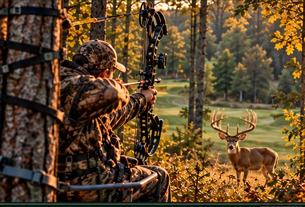 Illustrative concept of a bowhunter in an elevated tree stand near wooded golf-course terrain