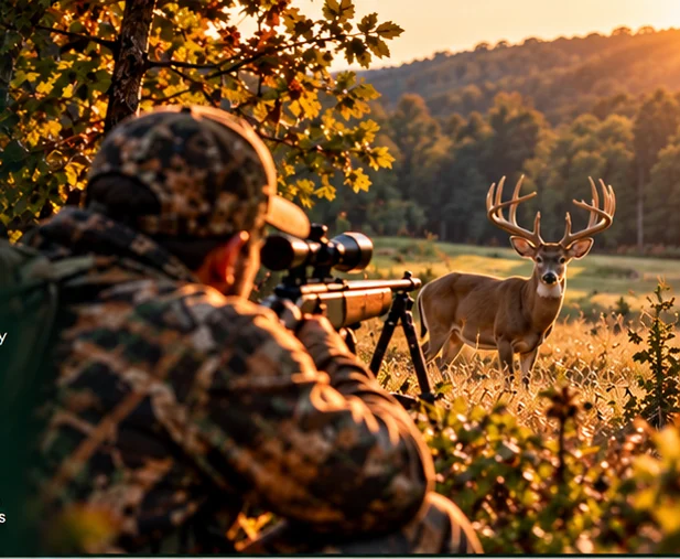 Illustrative concept of a rifle hunter observing a whitetail buck in autumn countryside