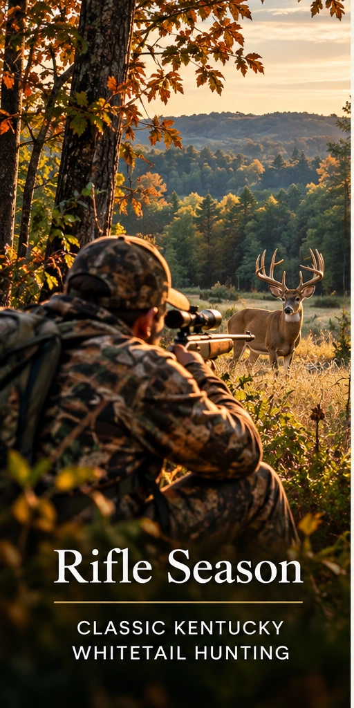 Artist-created concept of a rifle hunter in autumn Kentucky woodland