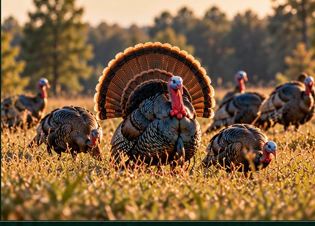 Illustrative concept of several wild turkeys gathered in a grassy Kentucky field